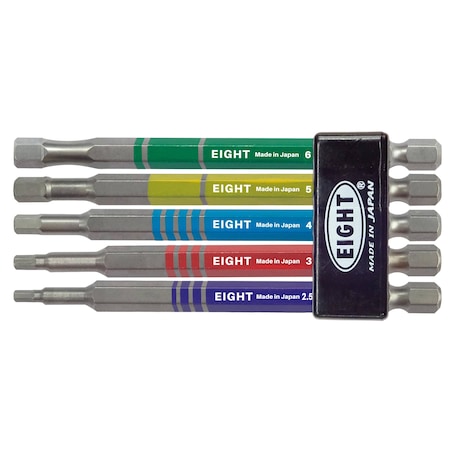 Eight Tool EX-IMPACT HIGH IMPACT HEX BIT 6.35MM SHANK 9MM GROOVE COLOR CODED SET, 5PC 2.5-6MM X 100MM OAL EA-610C-5S100